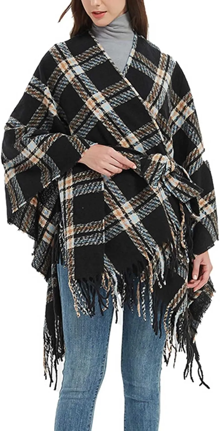 Oplxuo Women Knit Cardigan Poncho Plaid Print Belt Fringed Shawl Wrap Cape Boho Sweater Coat with Tassel Gifts for Women Mom