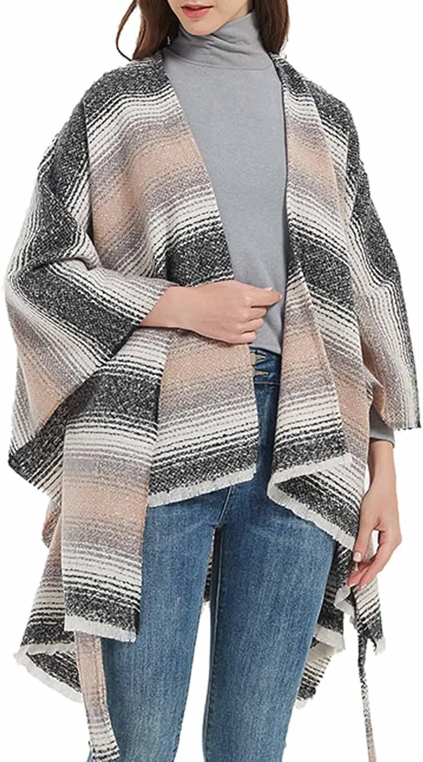 Oplxuo Women Knit Cardigan Poncho Plaid Print Belt Fringed Shawl Wrap Cape Boho Sweater Coat with Tassel Gifts for Women Mom