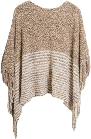 Oplxuo Women's Elegant Knit Shawl Poncho with Fringed Crewneck Striped Sweater Pullover Cape Gifts Scarf Wrap for Fall Winter