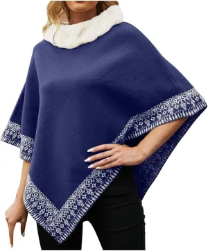 Oplxuo Women's Elegant Shawl Poncho Faux Fur Collar Boho Floral Sweater Cape Knitted Scarf Ponchos Fall Winter Wrap Cardigans