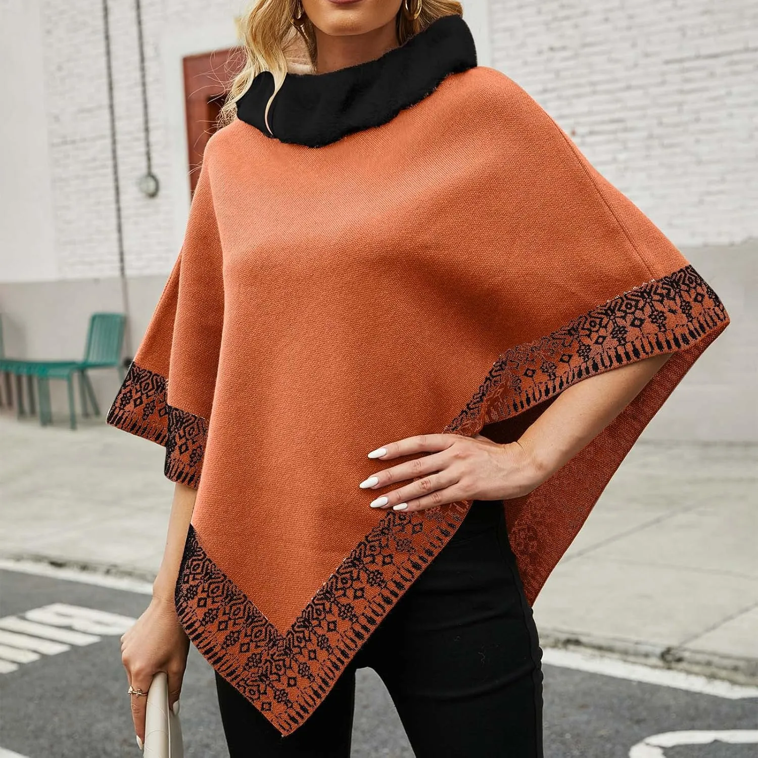 Oplxuo Women's Elegant Shawl Poncho Faux Fur Collar Boho Floral Sweater Cape Knitted Scarf Ponchos Fall Winter Wrap Cardigans