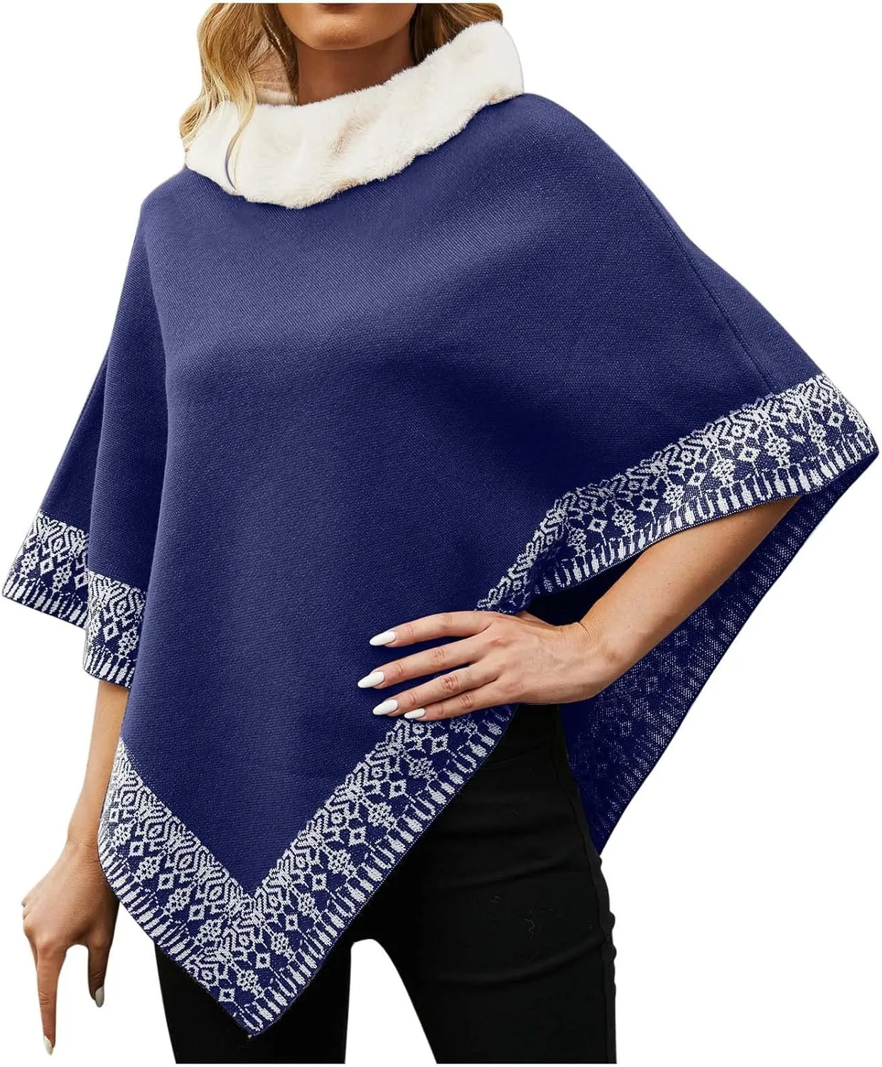 Oplxuo Women's Elegant Shawl Poncho Faux Fur Collar Boho Floral Sweater Cape Knitted Scarf Ponchos Fall Winter Wrap Cardigans
