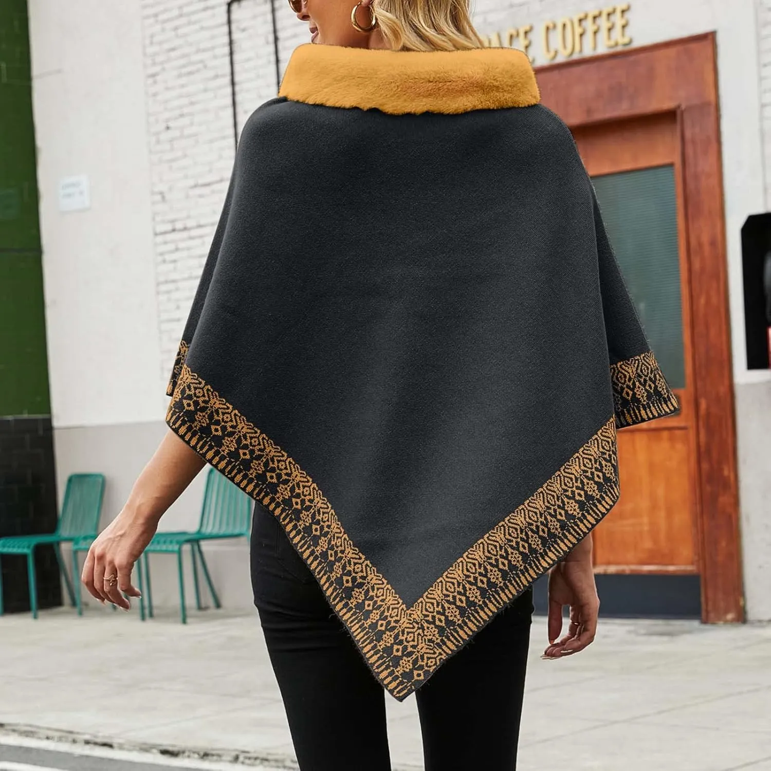 Oplxuo Women's Elegant Shawl Poncho Faux Fur Collar Boho Floral Sweater Cape Knitted Scarf Ponchos Fall Winter Wrap Cardigans