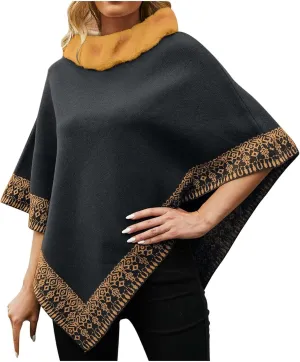 Oplxuo Women's Elegant Shawl Poncho Faux Fur Collar Boho Floral Sweater Cape Knitted Scarf Ponchos Fall Winter Wrap Cardigans