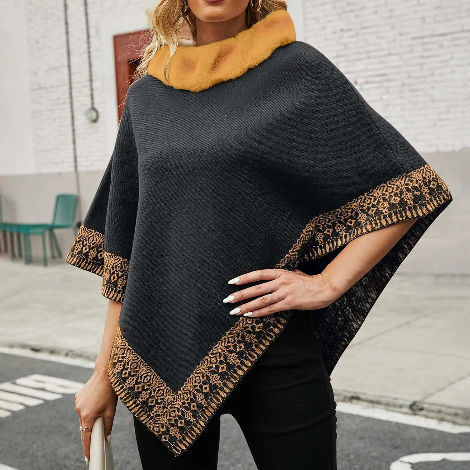 Oplxuo Women's Elegant Shawl Poncho Faux Fur Collar Boho Floral Sweater Cape Knitted Scarf Ponchos Fall Winter Wrap Cardigans