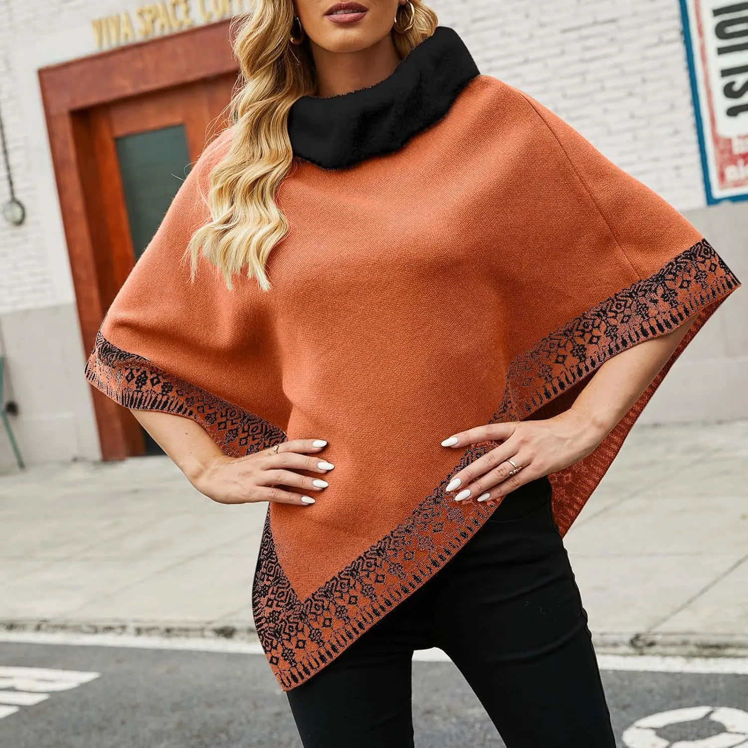 Oplxuo Women's Elegant Shawl Poncho Faux Fur Collar Boho Floral Sweater Cape Knitted Scarf Ponchos Fall Winter Wrap Cardigans
