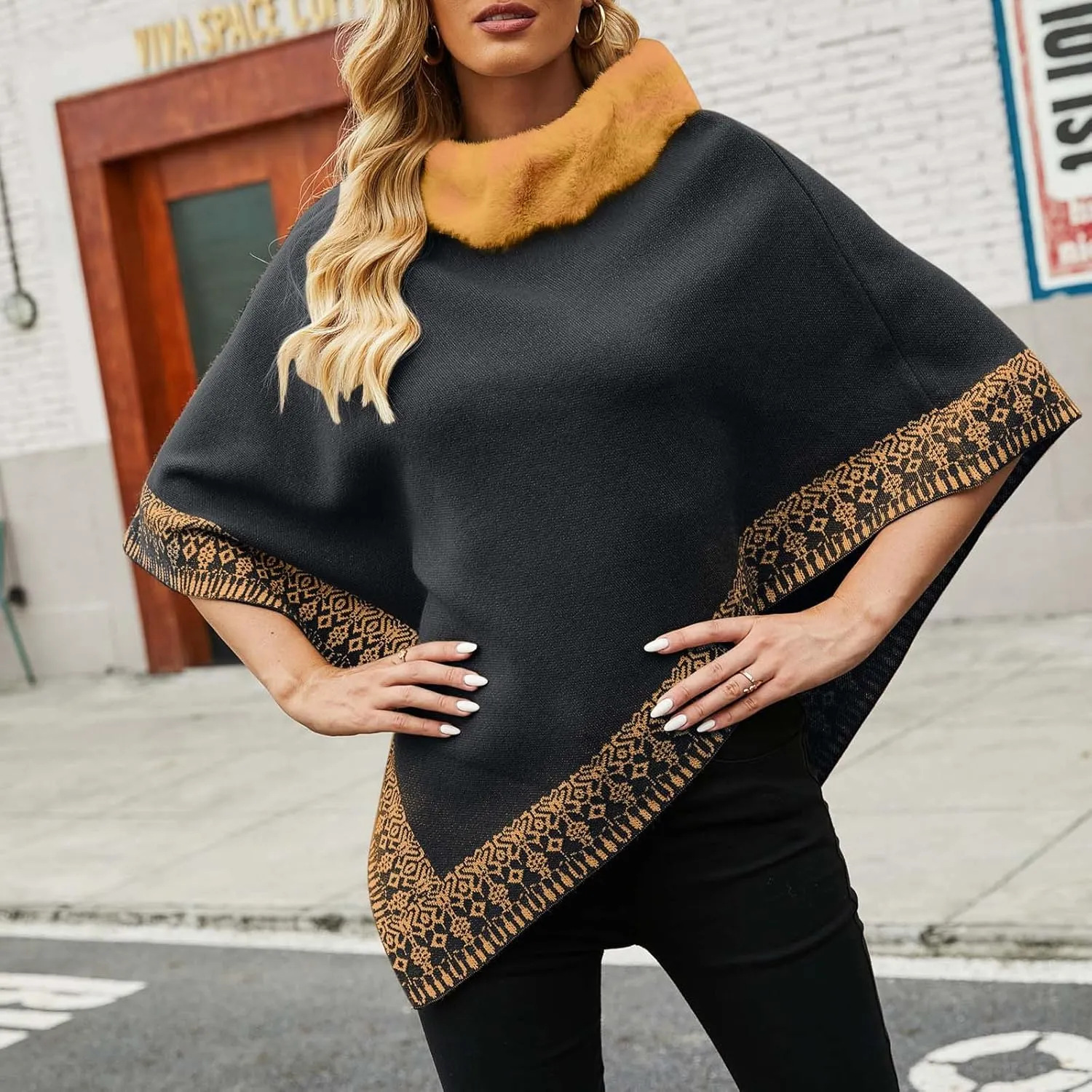 Oplxuo Women's Elegant Shawl Poncho Faux Fur Collar Boho Floral Sweater Cape Knitted Scarf Ponchos Fall Winter Wrap Cardigans