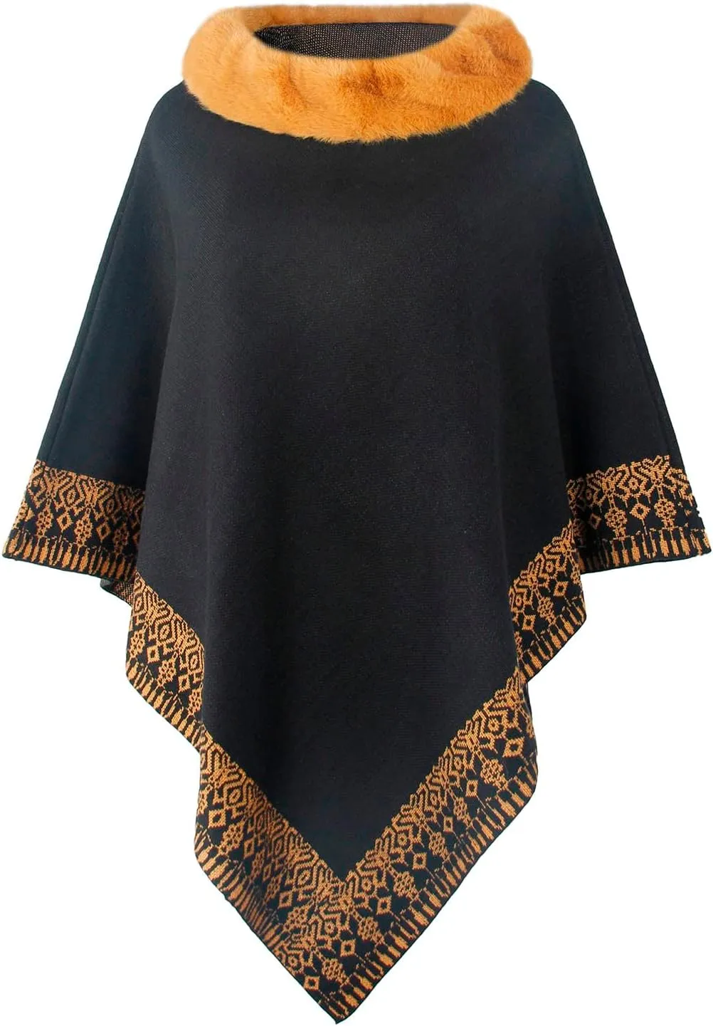 Oplxuo Women's Elegant Shawl Poncho Faux Fur Collar Boho Floral Sweater Cape Knitted Scarf Ponchos Fall Winter Wrap Cardigans