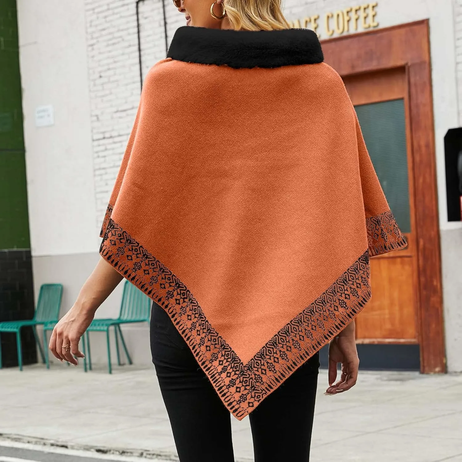 Oplxuo Women's Elegant Shawl Poncho Faux Fur Collar Boho Floral Sweater Cape Knitted Scarf Ponchos Fall Winter Wrap Cardigans