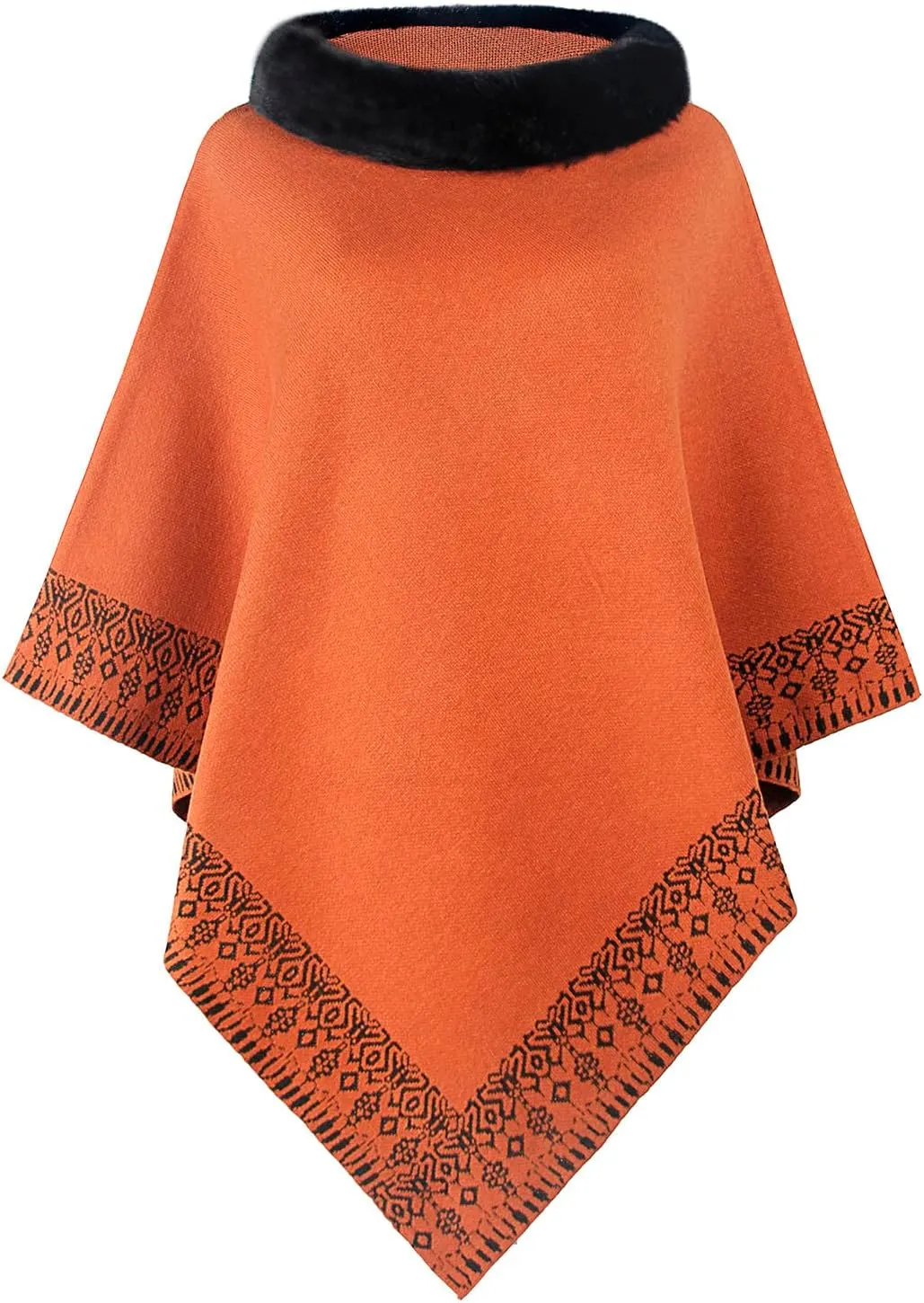 Oplxuo Women's Elegant Shawl Poncho Faux Fur Collar Boho Floral Sweater Cape Knitted Scarf Ponchos Fall Winter Wrap Cardigans