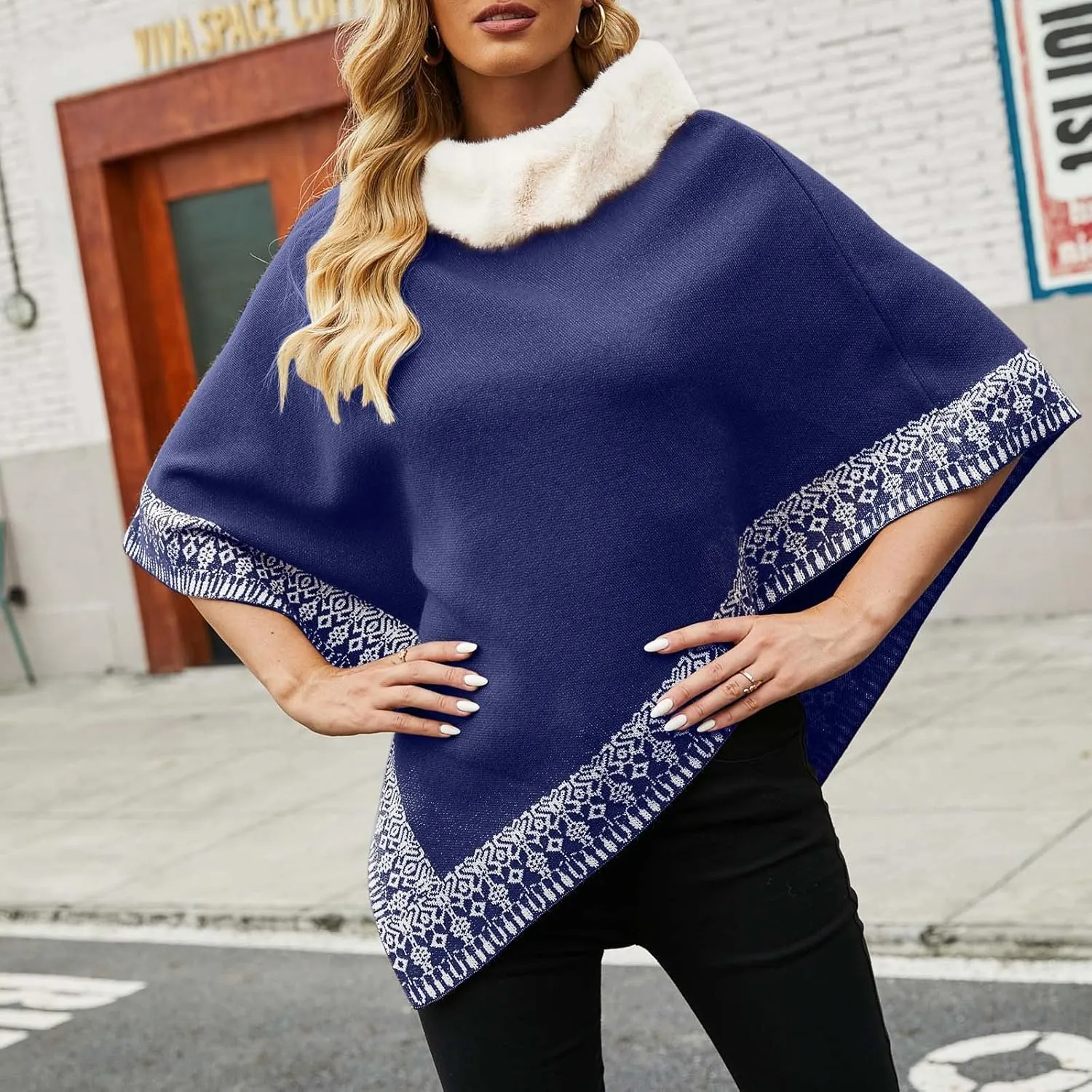Oplxuo Women's Elegant Shawl Poncho Faux Fur Collar Boho Floral Sweater Cape Knitted Scarf Ponchos Fall Winter Wrap Cardigans