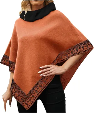 Oplxuo Women's Elegant Shawl Poncho Faux Fur Collar Boho Floral Sweater Cape Knitted Scarf Ponchos Fall Winter Wrap Cardigans
