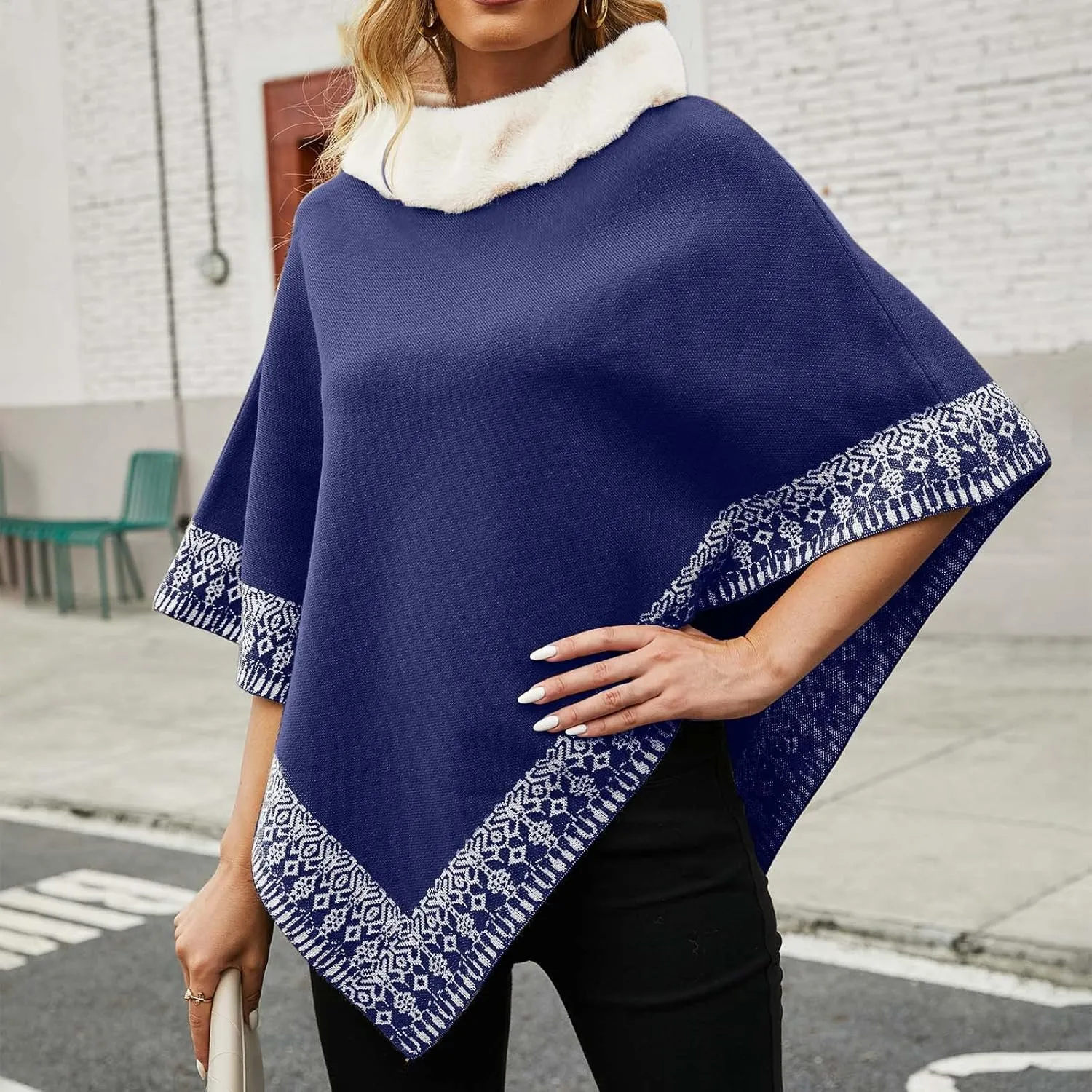 Oplxuo Women's Elegant Shawl Poncho Faux Fur Collar Boho Floral Sweater Cape Knitted Scarf Ponchos Fall Winter Wrap Cardigans