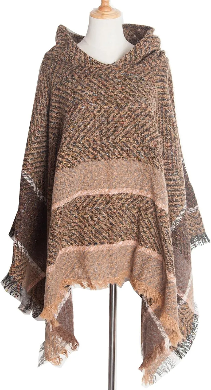 Oplxuo Womens Knit Ponchos Sweater Versatile Lightweight Color Block Pullover Shawl Hooded Wrap Scarf Cape Gifts for Woman