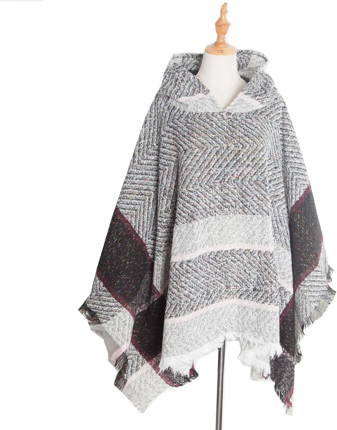 Oplxuo Womens Knit Ponchos Sweater Versatile Lightweight Color Block Pullover Shawl Hooded Wrap Scarf Cape Gifts for Woman