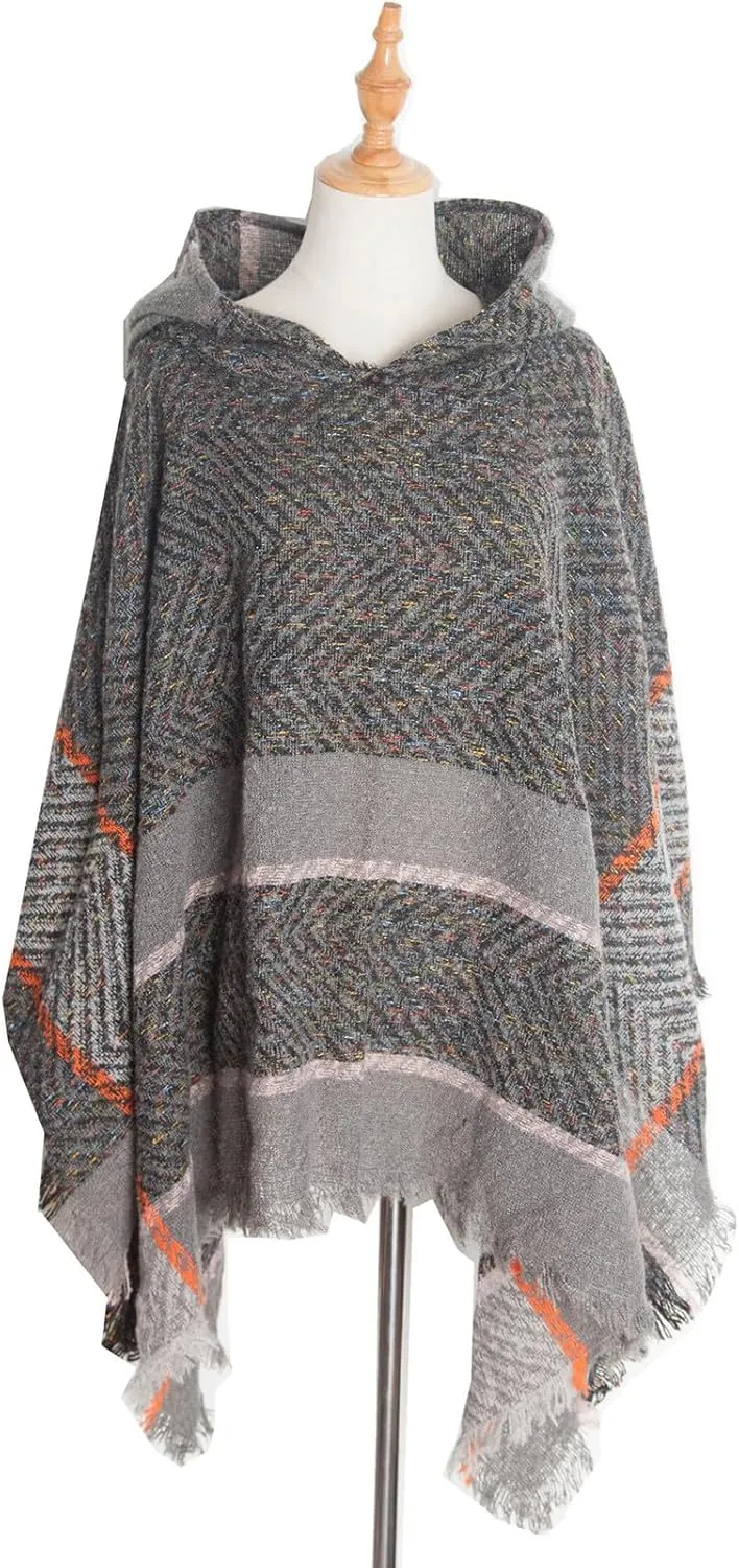 Oplxuo Womens Knit Ponchos Sweater Versatile Lightweight Color Block Pullover Shawl Hooded Wrap Scarf Cape Gifts for Woman
