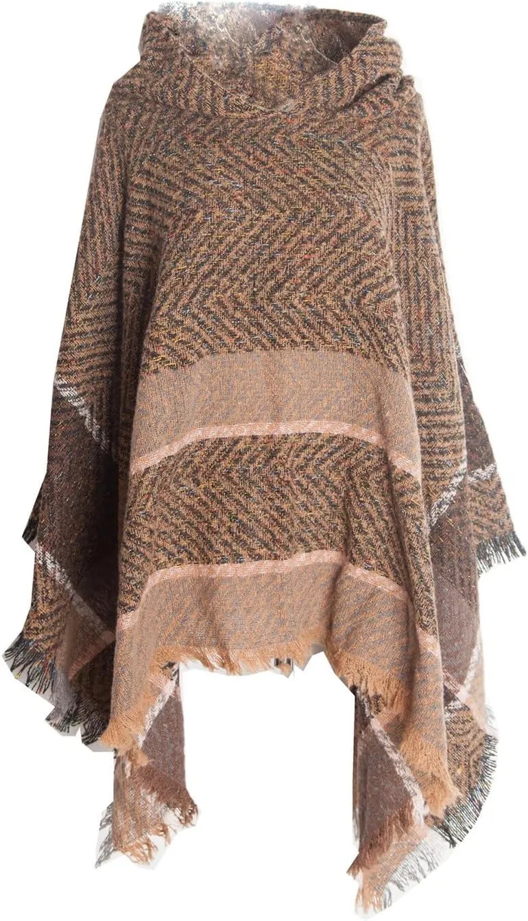Oplxuo Womens Knit Ponchos Sweater Versatile Lightweight Color Block Pullover Shawl Hooded Wrap Scarf Cape Gifts for Woman