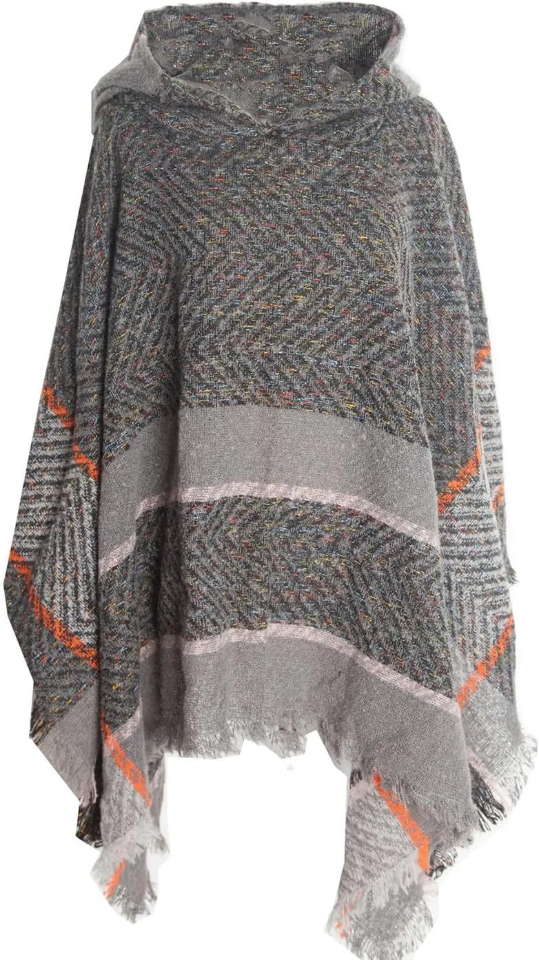 Oplxuo Womens Knit Ponchos Sweater Versatile Lightweight Color Block Pullover Shawl Hooded Wrap Scarf Cape Gifts for Woman