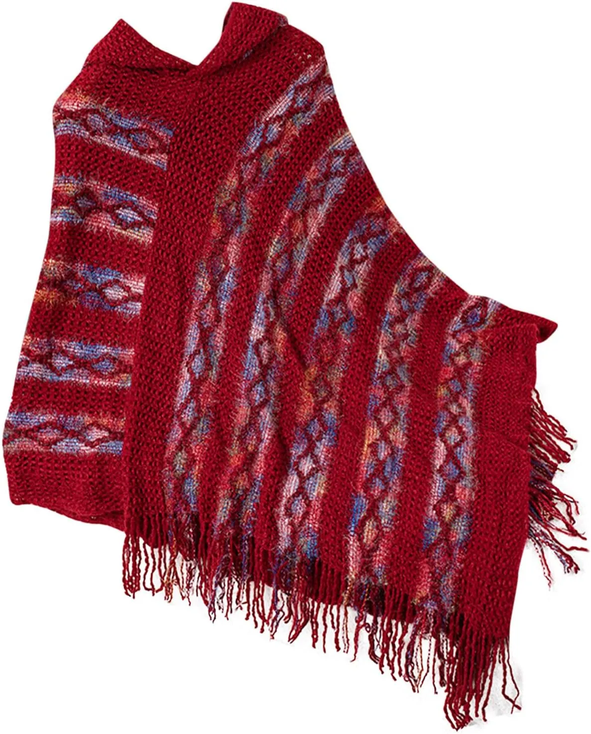 Oplxuo Women's Shawl Wrap Color Block Knit Hoodies Sweaters Tops Boho Tassel Asymmetric Hem Poncho Hooded Cape Outwear