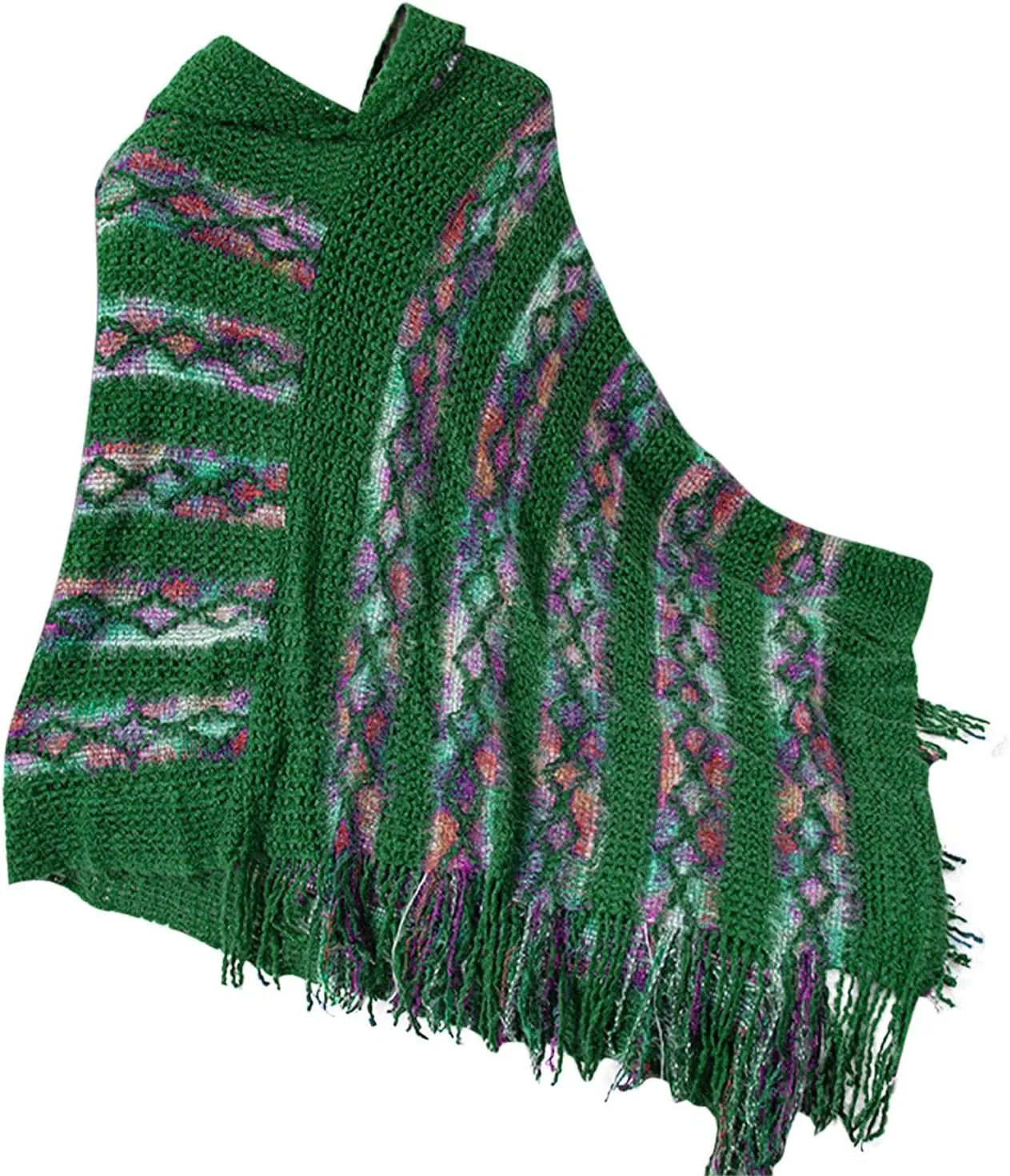 Oplxuo Women's Shawl Wrap Color Block Knit Hoodies Sweaters Tops Boho Tassel Asymmetric Hem Poncho Hooded Cape Outwear