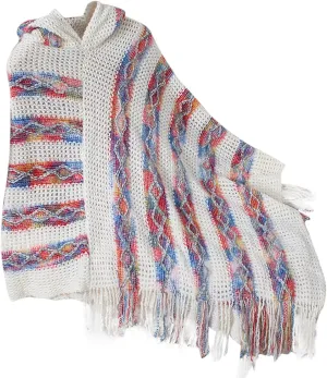 Oplxuo Women's Shawl Wrap Color Block Knit Hoodies Sweaters Tops Boho Tassel Asymmetric Hem Poncho Hooded Cape Outwear