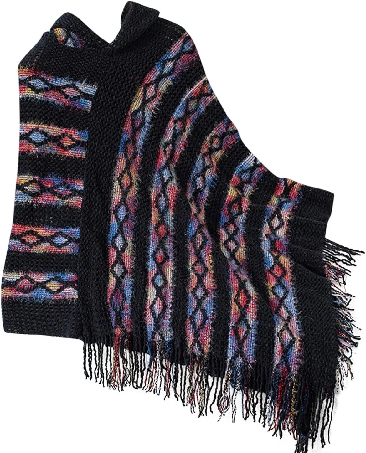 Oplxuo Women's Shawl Wrap Color Block Knit Hoodies Sweaters Tops Boho Tassel Asymmetric Hem Poncho Hooded Cape Outwear
