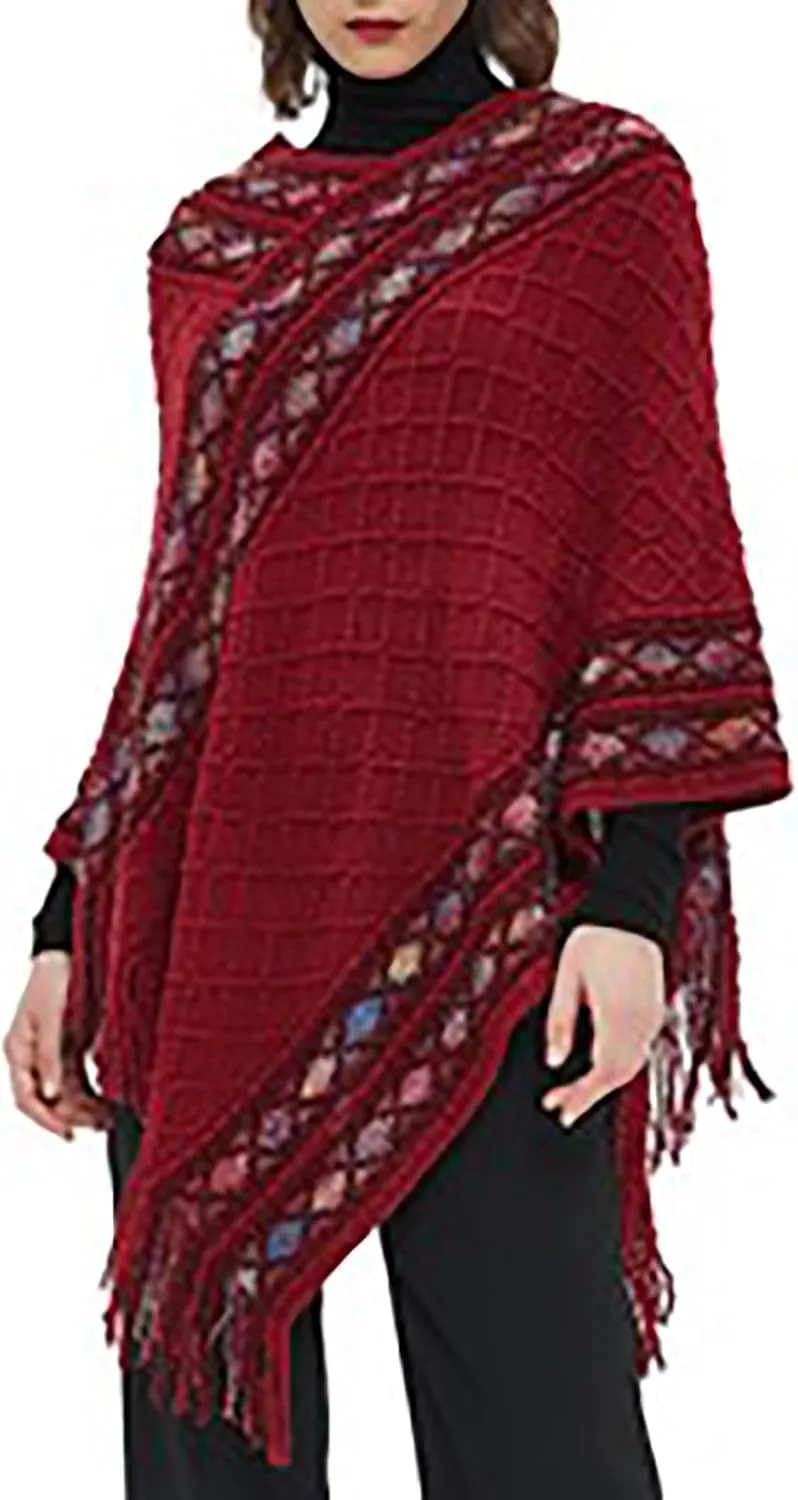 Oplxuo Women's Wrap V Neck Cape with Fringed Hem, Boho Casual Knitted Tassels Poncho Loose Pullover Sweater Coat