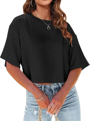 Oversized Cropped T Shirts for Women Crew Neck Short Sleeve Tops Casual Loose Summer Solid Color Basic Tees