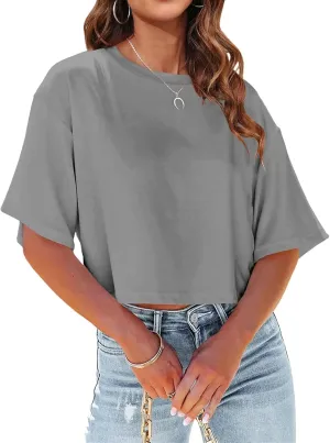 Oversized Cropped T Shirts for Women Crew Neck Short Sleeve Tops Casual Loose Summer Solid Color Basic Tees