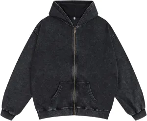 Oversized Vintage Cotton Jacket Acid Wash Grunge Basic Zip Up Hoodie For Women Distressed Baggy Long Sleeve Tops