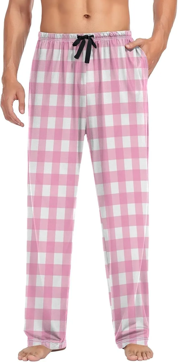 Pajama Pants for Men Gingham Pastel Pink White Check Mens Pajama Bottoms Lounge Pants S