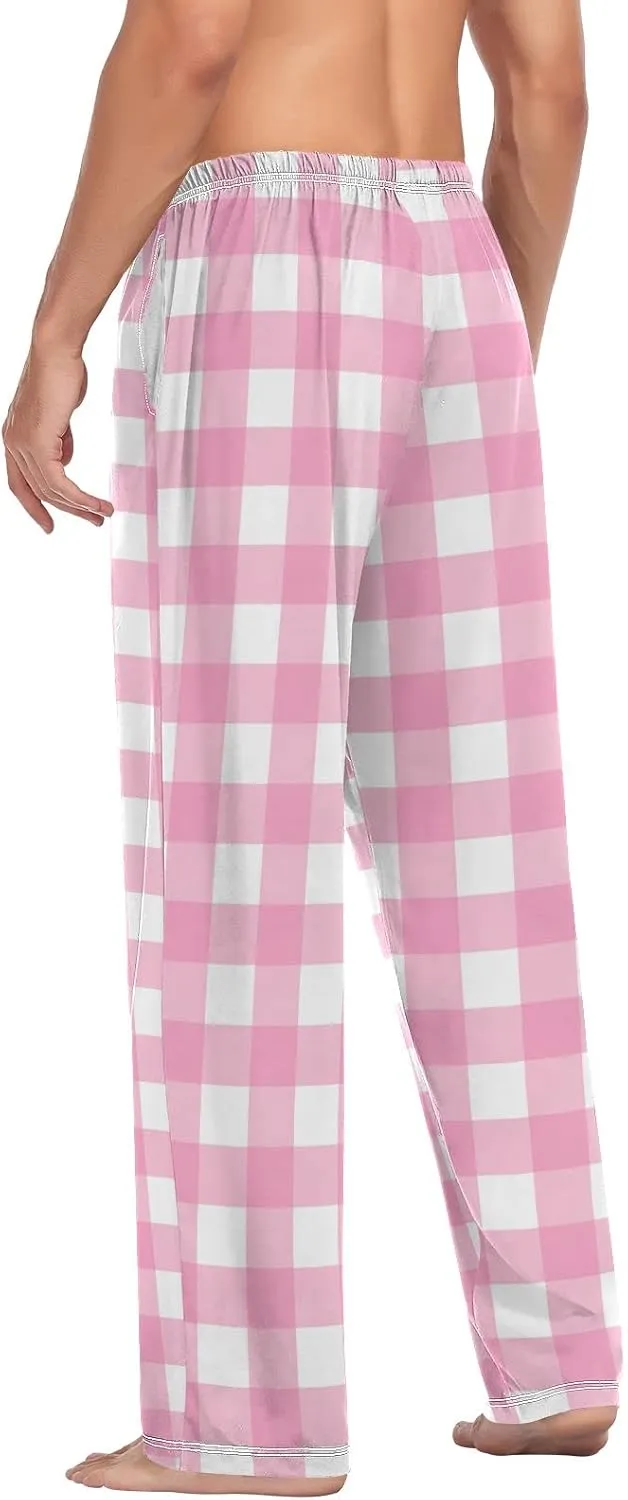 Pajama Pants for Men Gingham Pastel Pink White Check Mens Pajama Bottoms Lounge Pants S