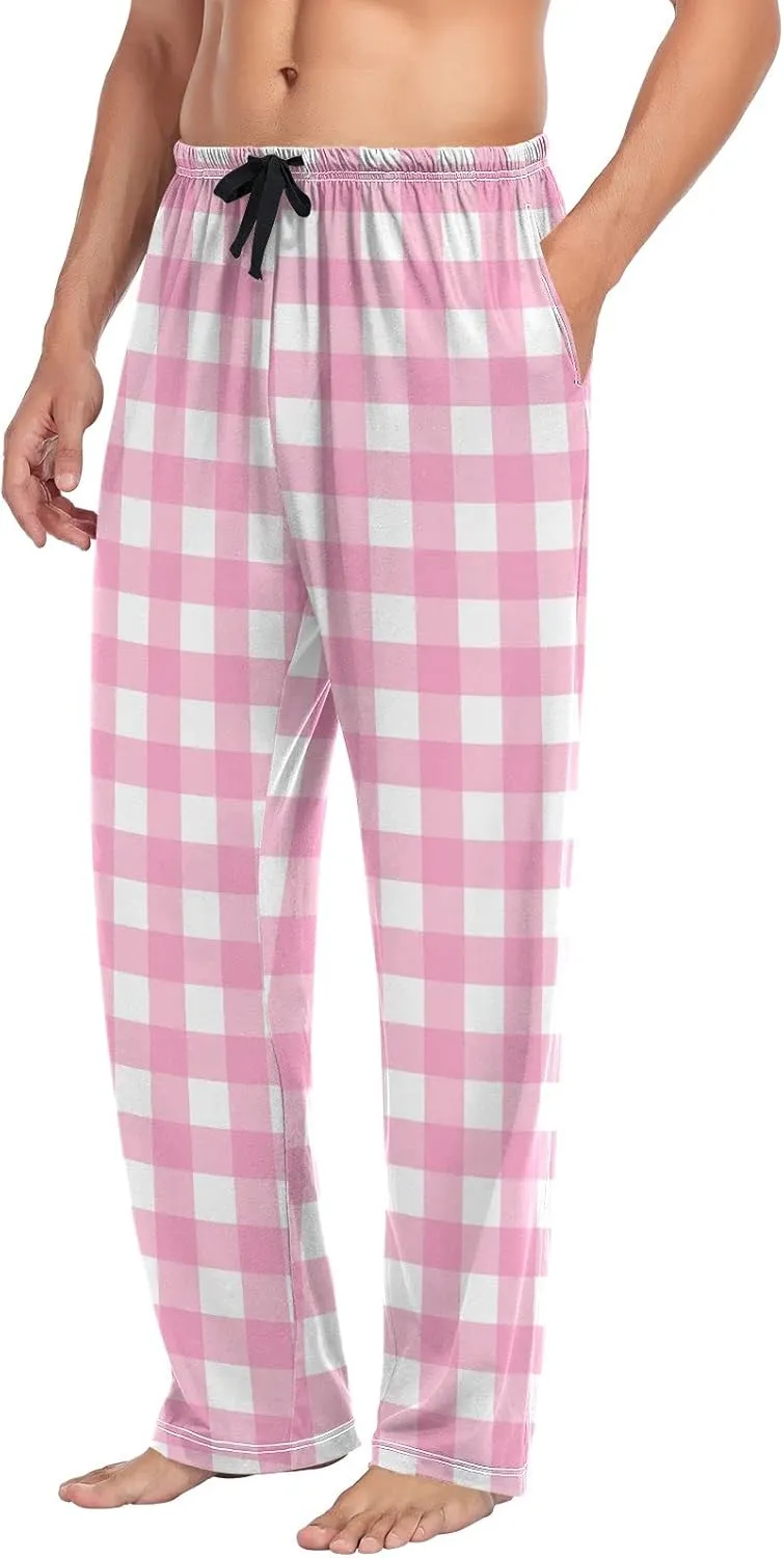 Pajama Pants for Men Gingham Pastel Pink White Check Mens Pajama Bottoms Lounge Pants S