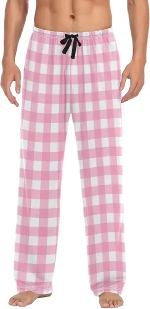 Pajama Pants for Men Gingham Pastel Pink White Check Mens Pajama Bottoms Lounge Pants S
