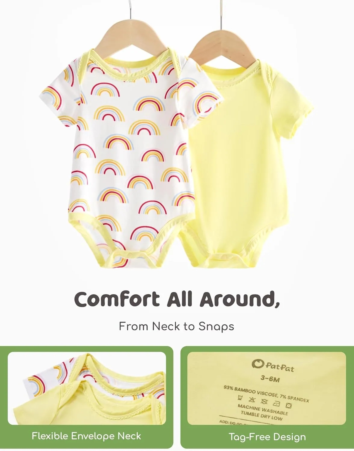 PATPAT Baby Bodysuits Soft Bamboo Viscose - Short Sleeve Boys and Girls - Newborn Infant Neutral - 2 Pack