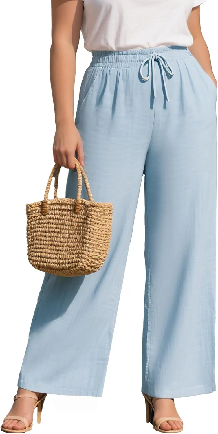 Plus Size Cotton Linen Casual Pants for Women, Summer Lounge Wide Leg Palazzo High Waist Drawstring Pockets Trouser
