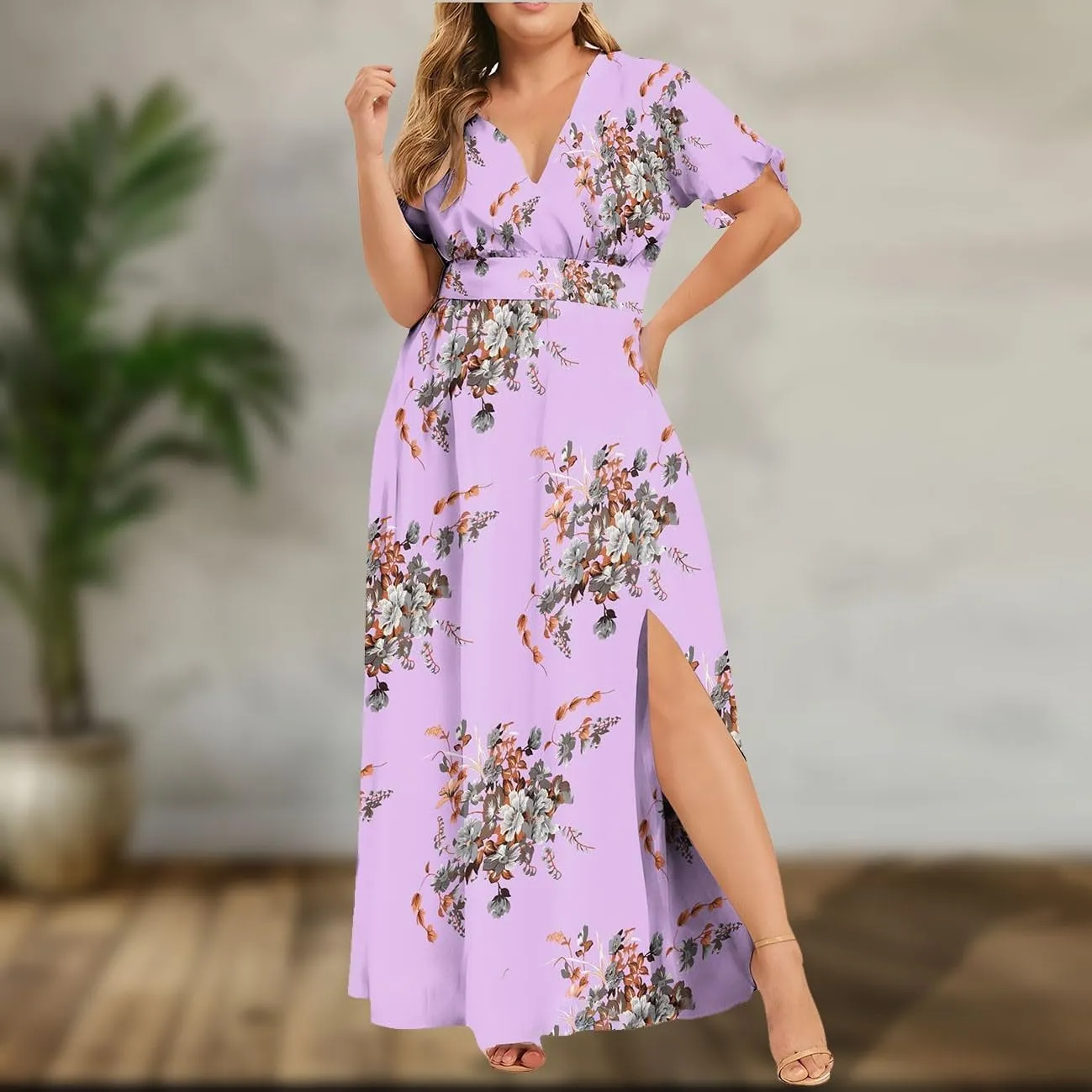 Plus Size Dresses for Curvy Women Wedding Guest Formal Cocktail Maxi V Neck Short Sleeve Split Dress