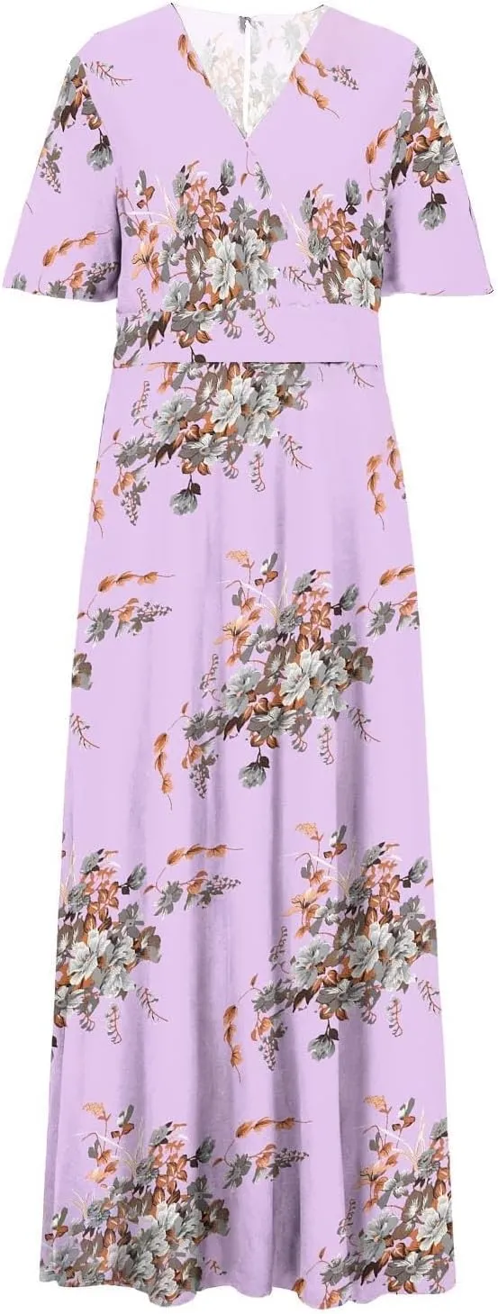 Plus Size Dresses for Curvy Women Wedding Guest Formal Cocktail Maxi V Neck Short Sleeve Split Dress