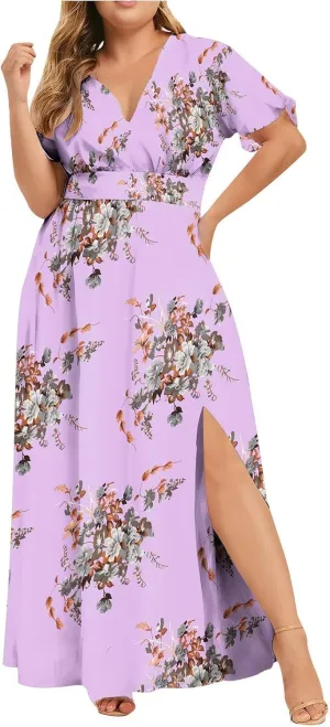 Plus Size Dresses for Curvy Women Wedding Guest Formal Cocktail Maxi V Neck Short Sleeve Split Dress