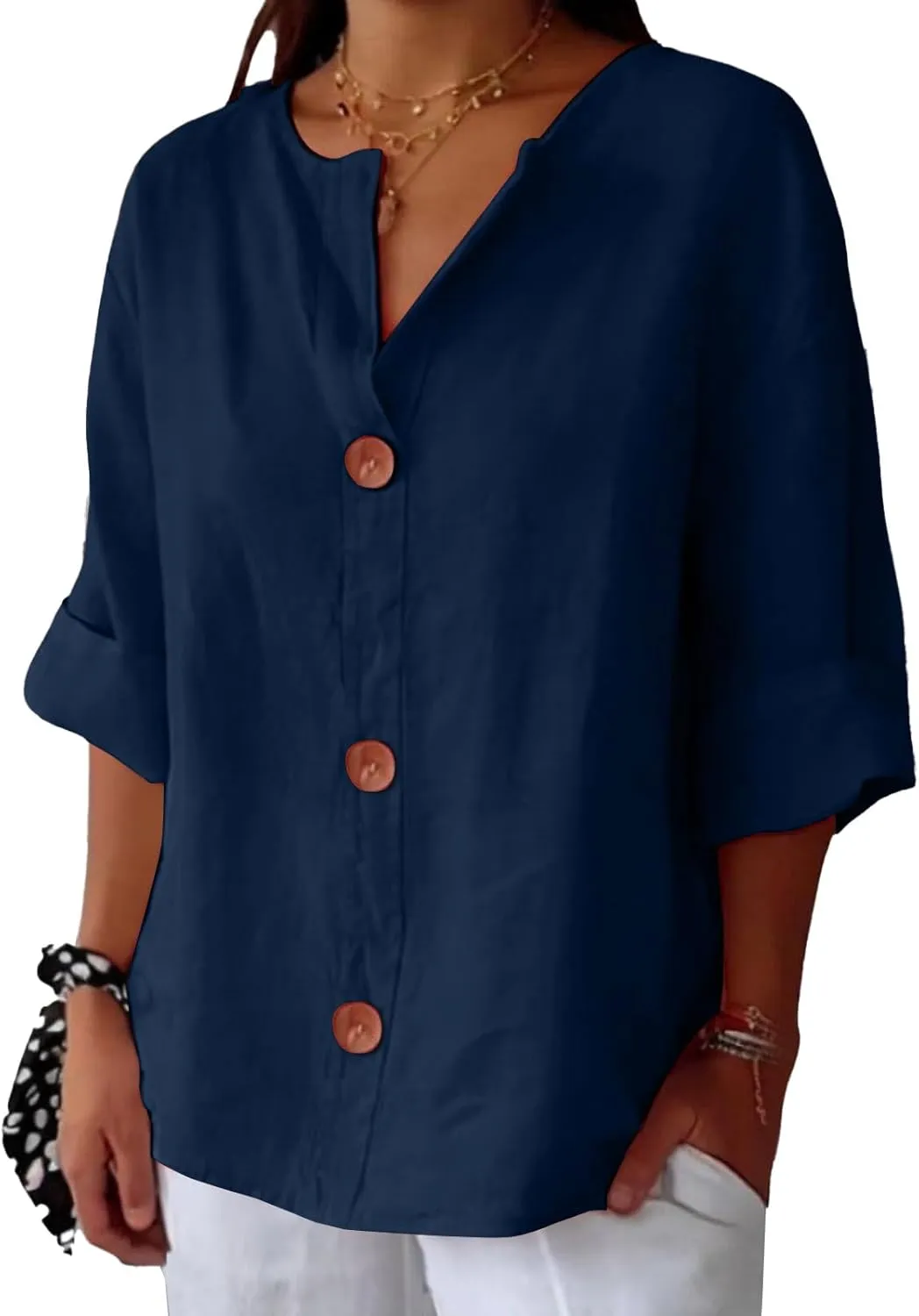 Plus Size Summer Cotton Linen Shirts for Women V Neck 3/4 Sleeve Tops Loose Vacation Beach Solid Blouses Tunic Tops