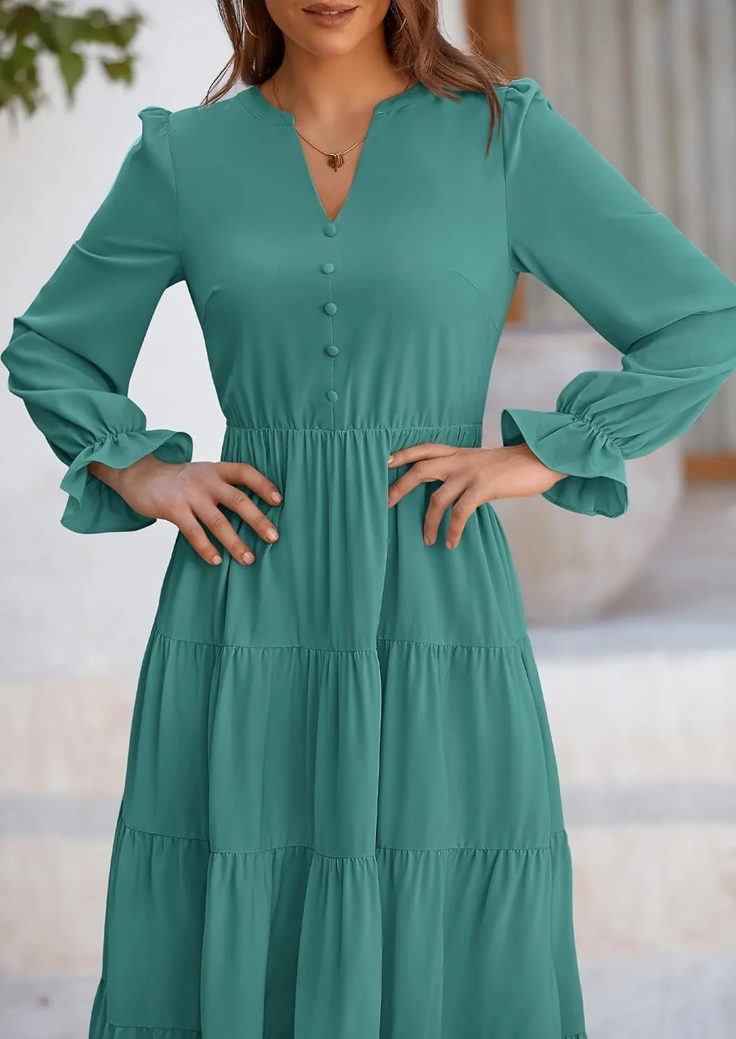 PRETTYGARDEN Women's Fall Maxi Dress Long Sleeve V Neck Tiered A Line Ruffle Elegant Flowy Spring Cocktail Party Dresses