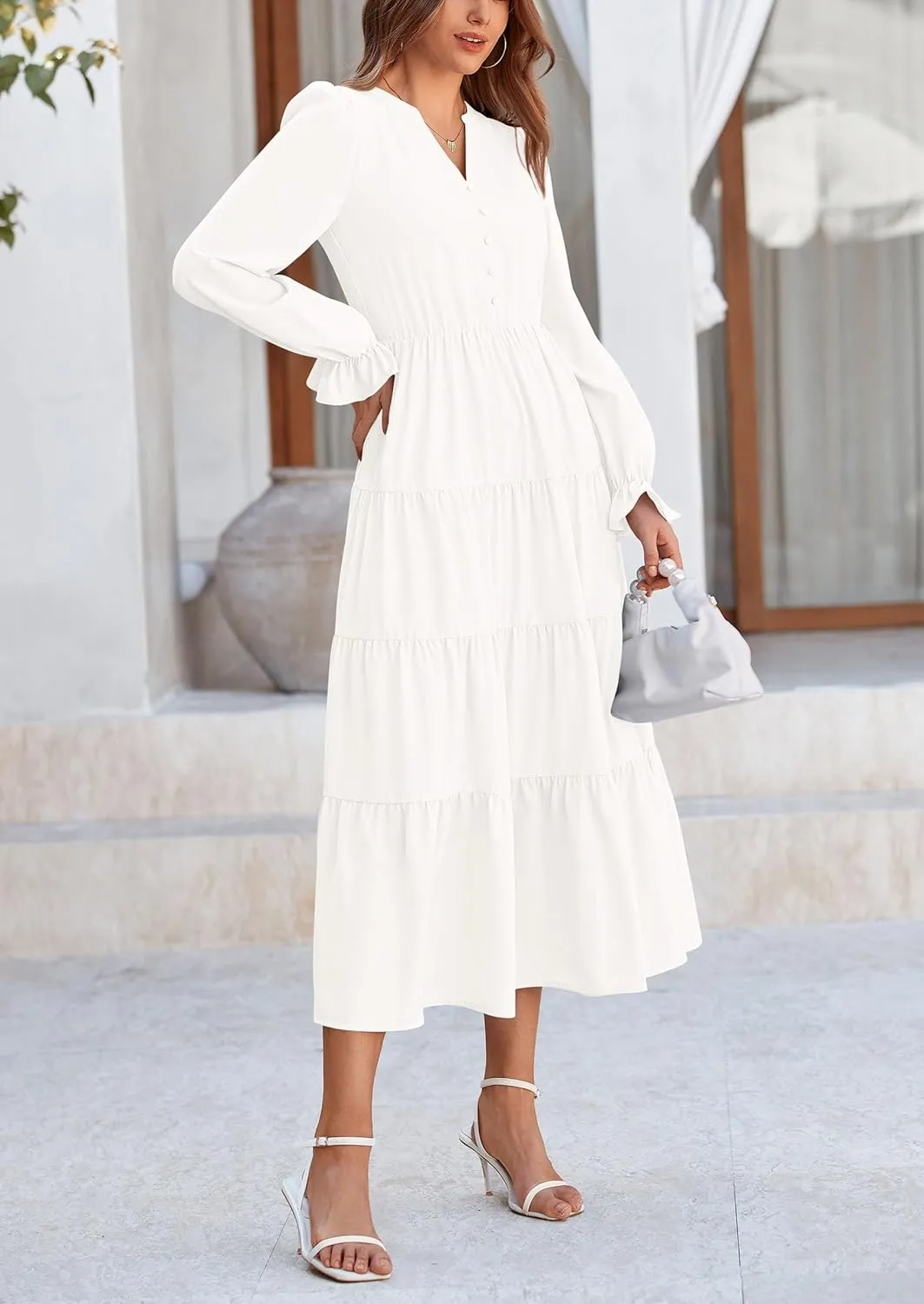 PRETTYGARDEN Women's Fall Maxi Dress Long Sleeve V Neck Tiered A Line Ruffle Elegant Flowy Spring Cocktail Party Dresses