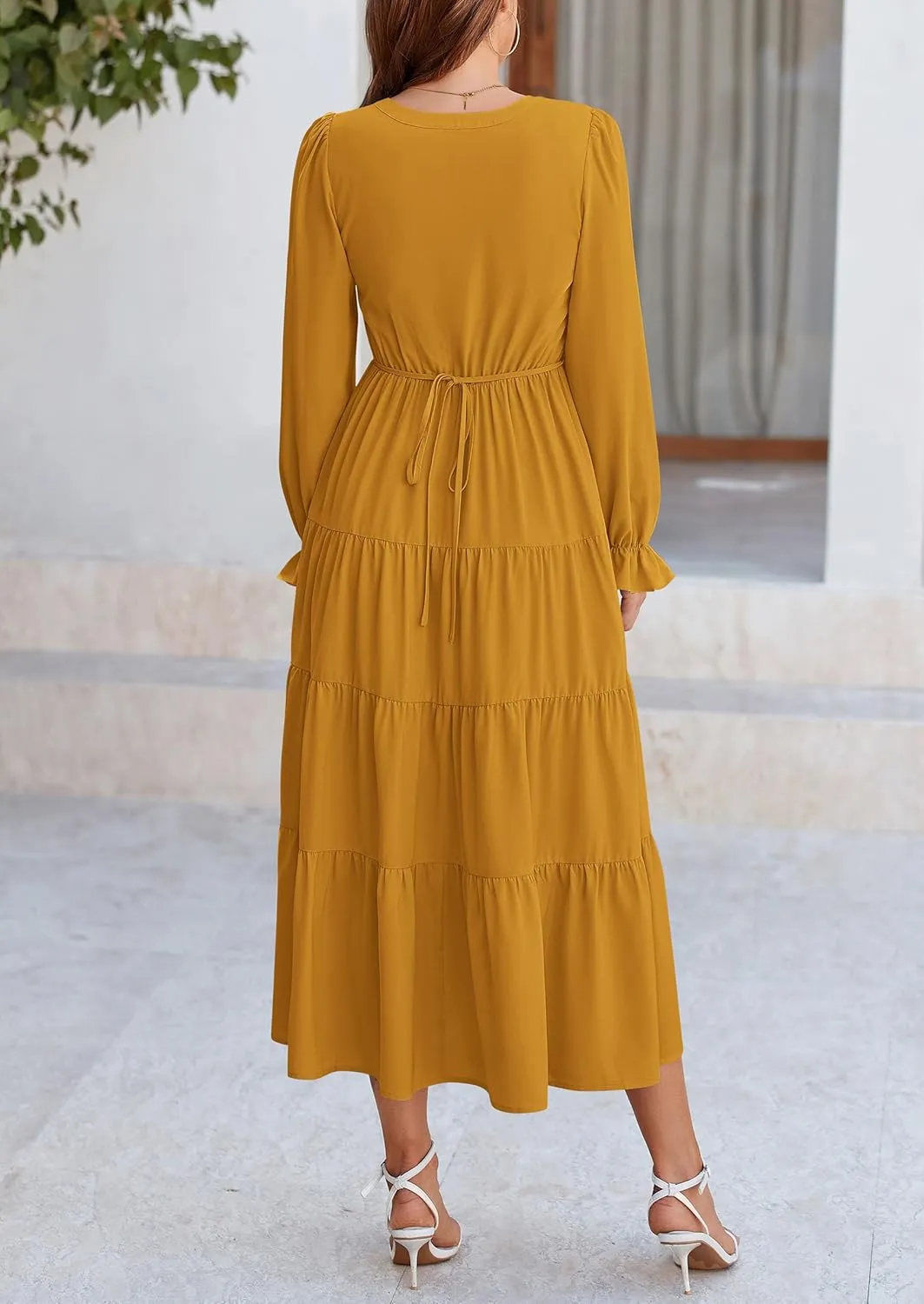 PRETTYGARDEN Women's Fall Maxi Dress Long Sleeve V Neck Tiered A Line Ruffle Elegant Flowy Spring Cocktail Party Dresses