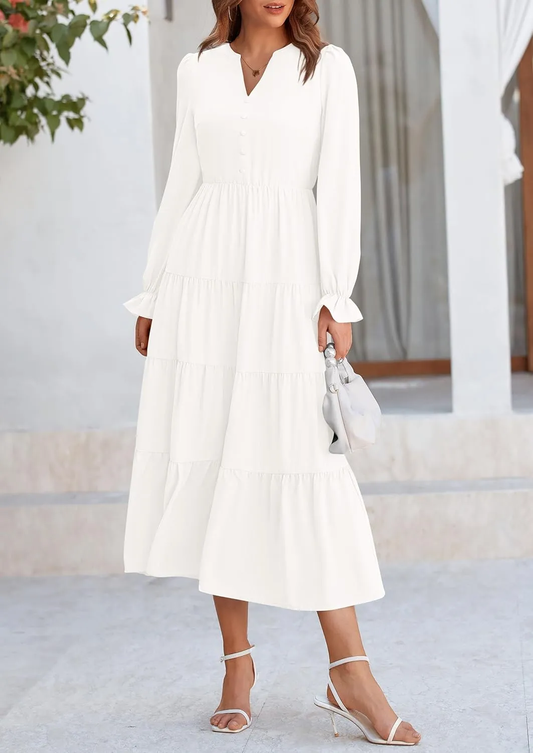 PRETTYGARDEN Women's Fall Maxi Dress Long Sleeve V Neck Tiered A Line Ruffle Elegant Flowy Spring Cocktail Party Dresses