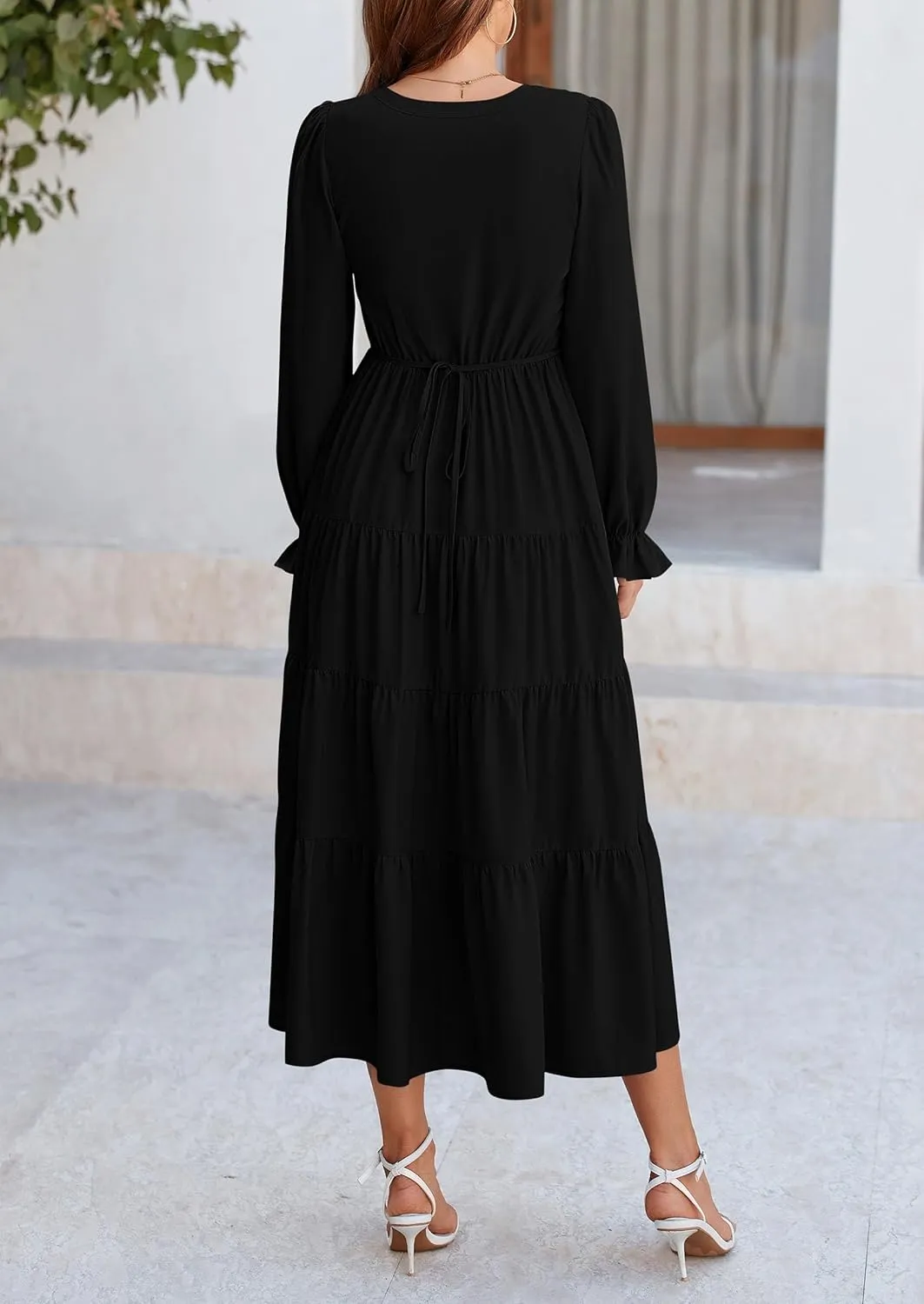 PRETTYGARDEN Women's Fall Maxi Dress Long Sleeve V Neck Tiered A Line Ruffle Elegant Flowy Spring Cocktail Party Dresses