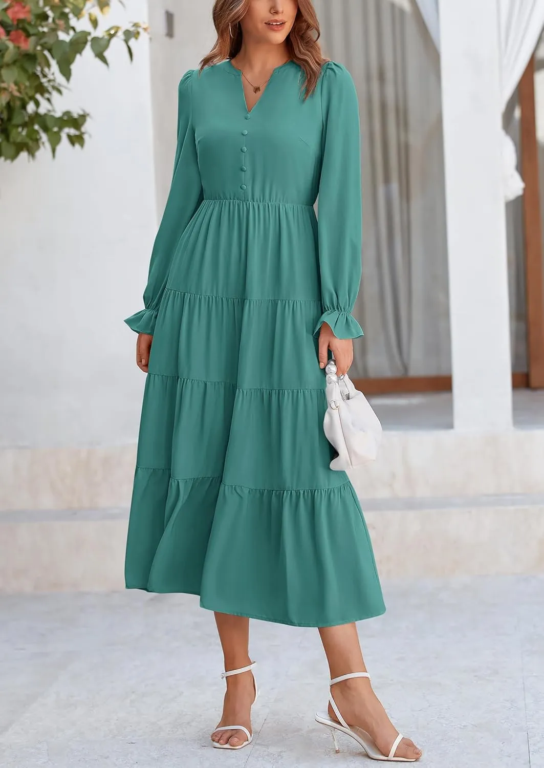PRETTYGARDEN Women's Fall Maxi Dress Long Sleeve V Neck Tiered A Line Ruffle Elegant Flowy Spring Cocktail Party Dresses