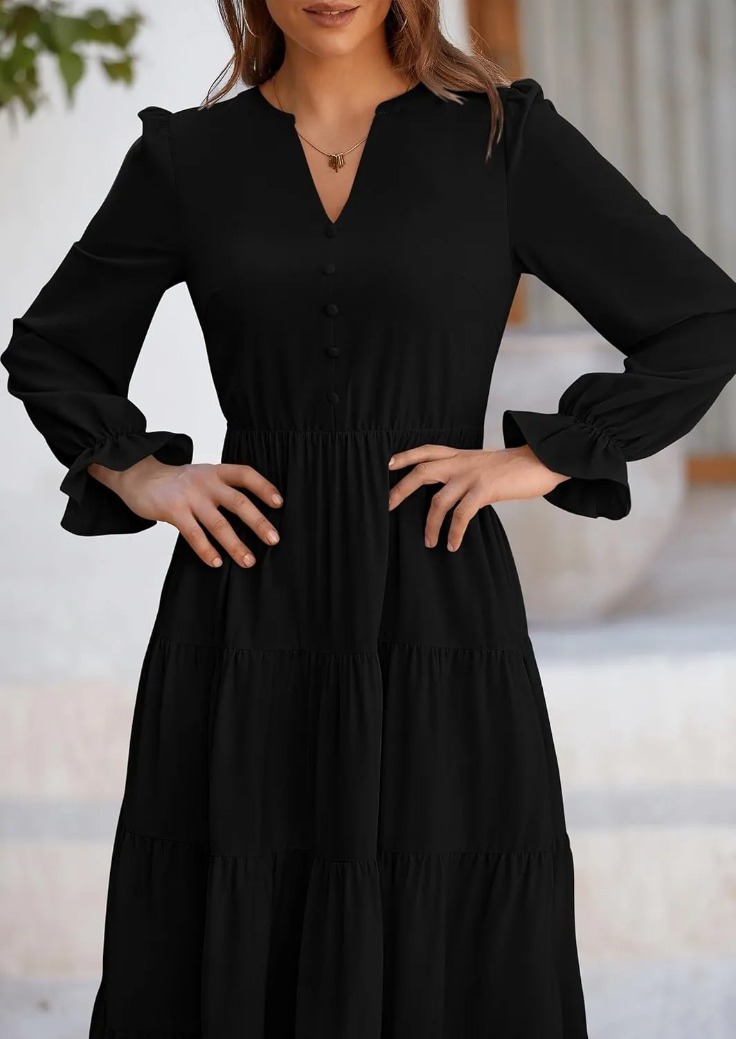 PRETTYGARDEN Women's Fall Maxi Dress Long Sleeve V Neck Tiered A Line Ruffle Elegant Flowy Spring Cocktail Party Dresses