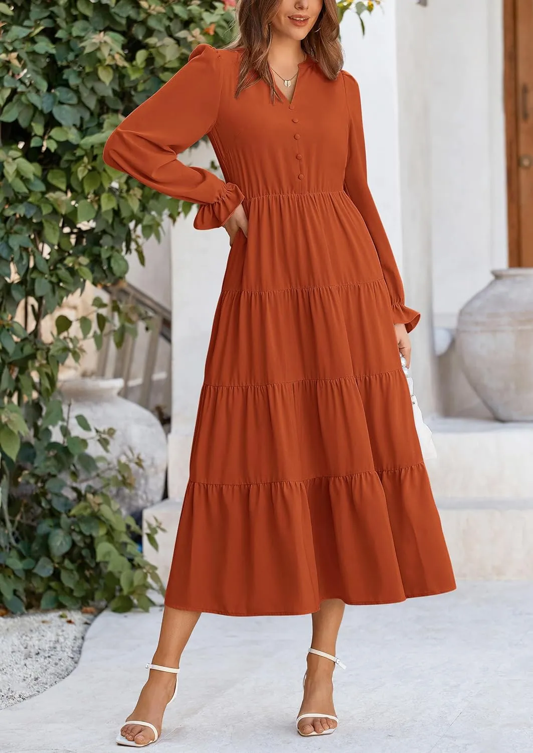 PRETTYGARDEN Women's Fall Maxi Dress Long Sleeve V Neck Tiered A Line Ruffle Elegant Flowy Spring Cocktail Party Dresses
