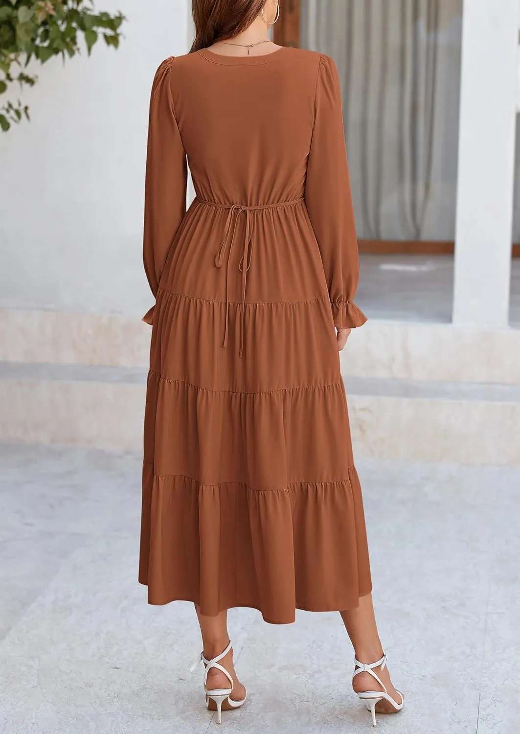 PRETTYGARDEN Women's Fall Maxi Dress Long Sleeve V Neck Tiered A Line Ruffle Elegant Flowy Spring Cocktail Party Dresses