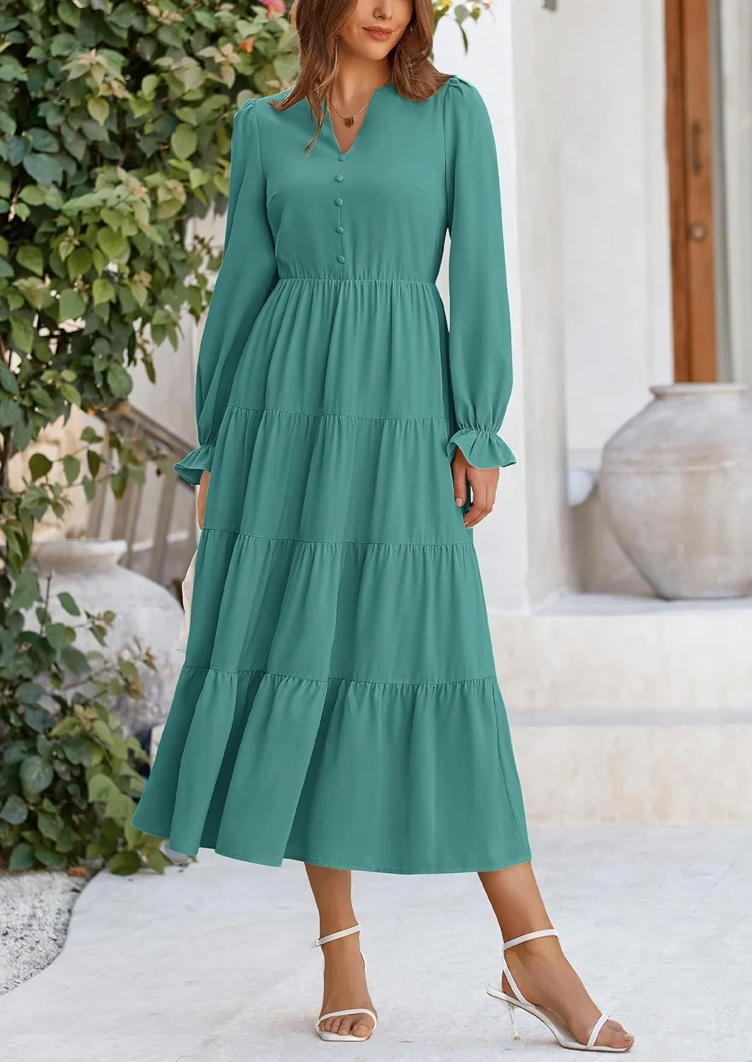 PRETTYGARDEN Women's Fall Maxi Dress Long Sleeve V Neck Tiered A Line Ruffle Elegant Flowy Spring Cocktail Party Dresses